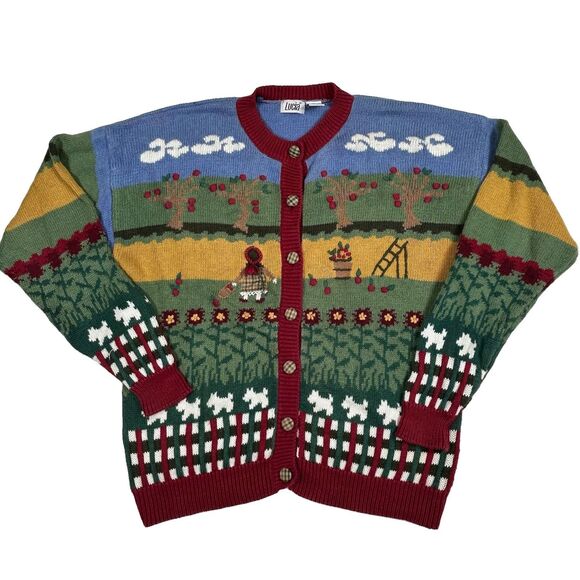LUCIA Sweaters - Vintage Lucia Apple Orchard Farm Cardigan Sweater XL Novelty Country Dog Festive